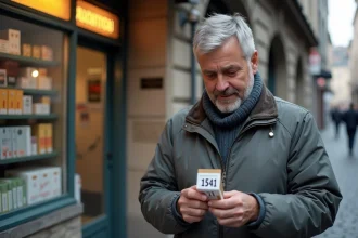 Homme examinant le prix d'un paquet de cigarettes devant un bureau de tabac au Luxembourg