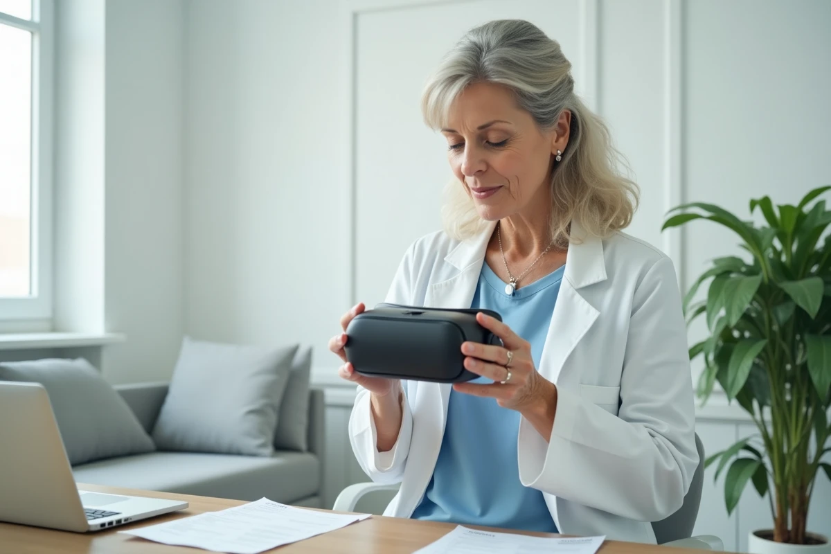 Professionnelle de santé examinant un casque de réalité virtuelle thérapeutique avant de signer un devis