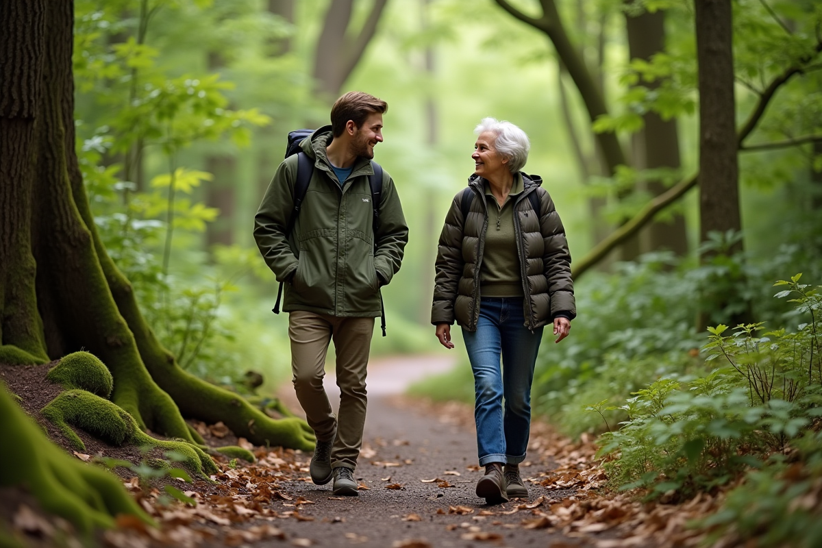 Jeune homme et femme marche en forêt
