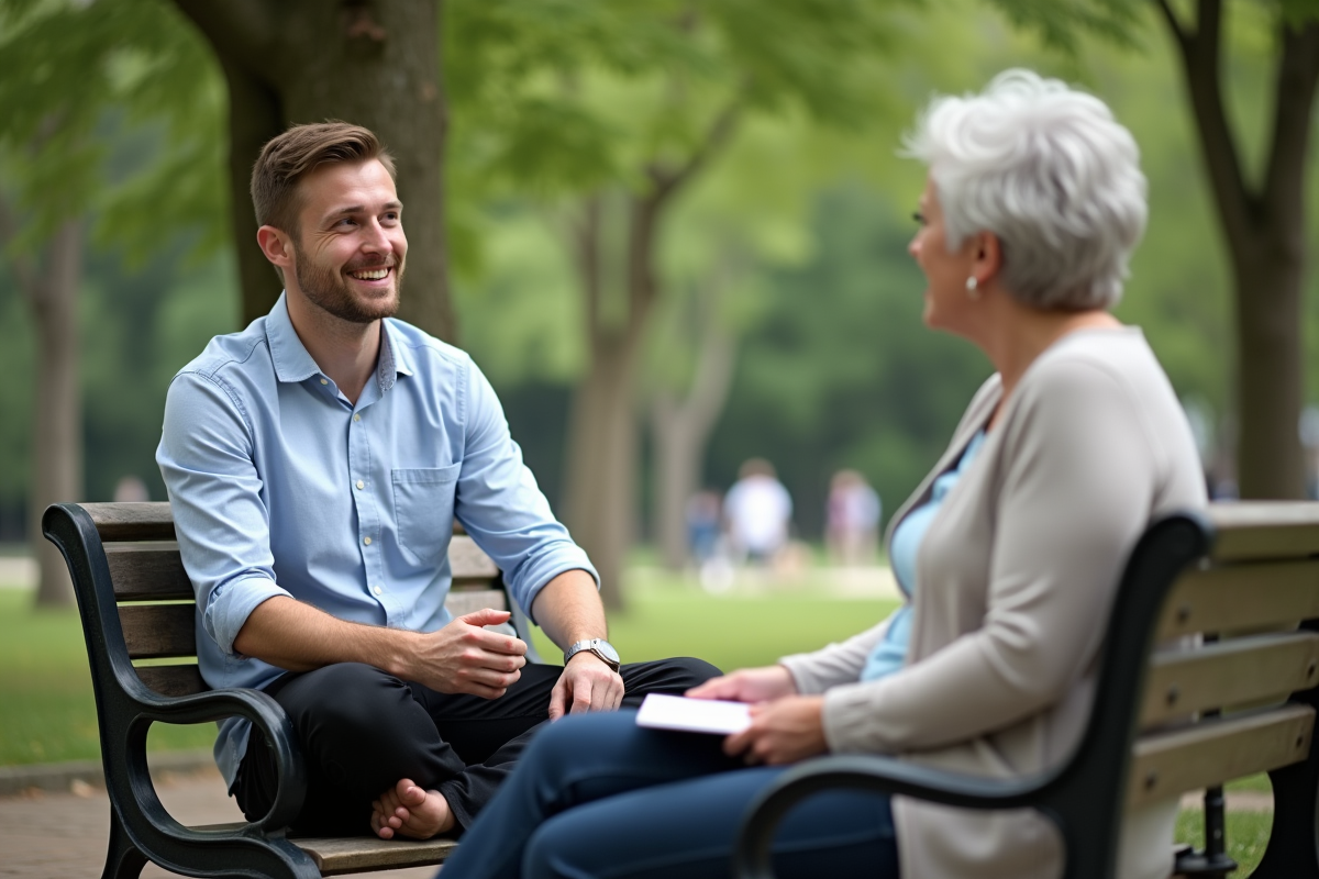 Jeune psychologue homme en plein air parle avec une femme âgée