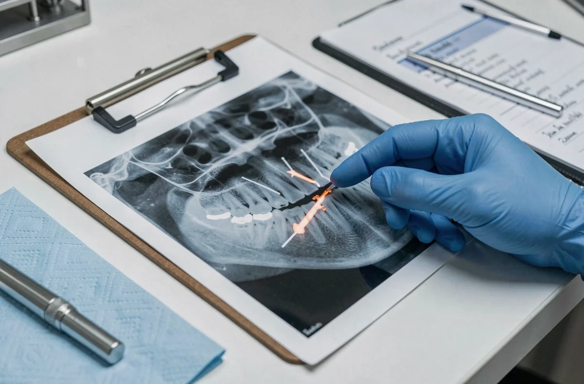Radiographie dentaire d'une dent dévitalisée examinée par un dentiste lors d'une consultation d'urgence