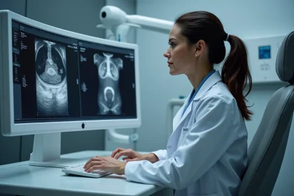 Radiologue femme analysant une échographie abdominale sur un écran d'ordinateur en salle de radiologie