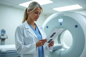 Radiologue examinant des résultats d'IRM dans une salle d'imagerie médicale avec un appareil IRM en arrière-plan
