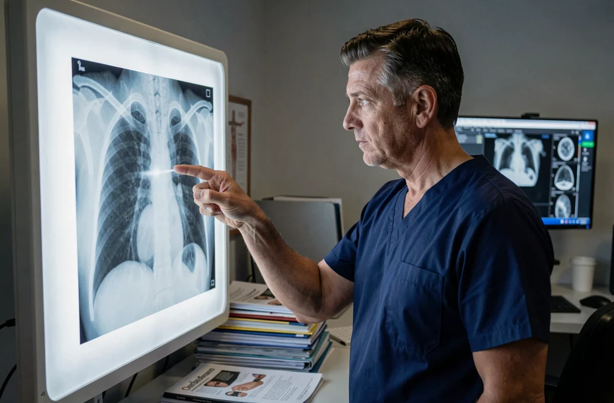 Radiologue analysant une radiographie thoracique montrant des côtes déplacées après un traumatisme