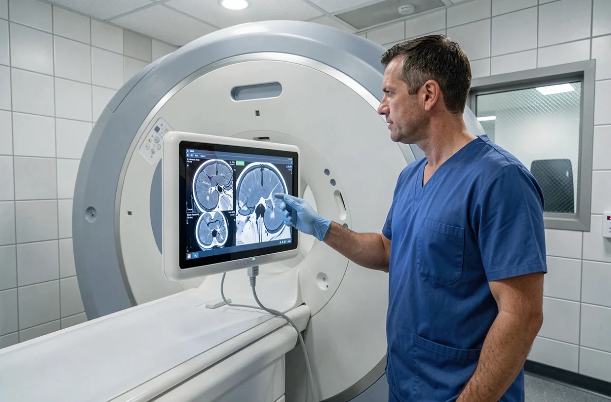 Technicien radiologue devant un scanner IRM montrant des images de sinus en milieu hospitalier