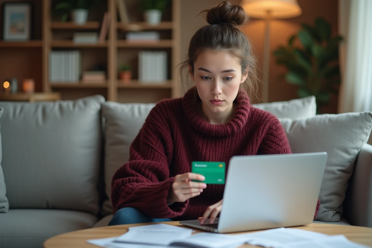 Jeune femme cherchant des informations en ligne sur la procédure de remplacement de sa Carte Vitale perdue