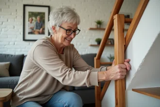 Femme âgée ajustant une rampe d'escalier dans un salon moderne