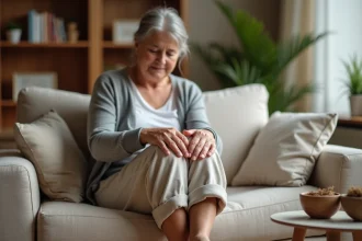 Femme âgée massant sa jambe gonflée avec un remède de grand-mère à la maison