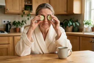 Femme utilisant un remède de grand-mère avec des rondelles de concombre sur les yeux fatigués dans une cuisine chaleureuse