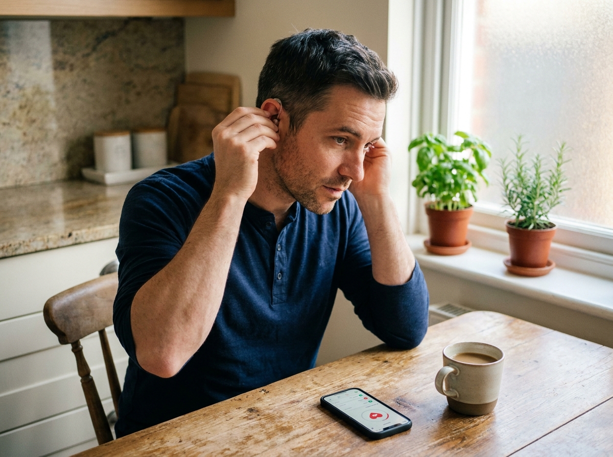 Homme insérant un appareil auditif dans son oreille lors de sa routine matinale à la maison