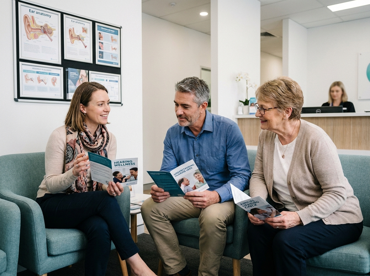 Groupe de patients de différents âges en salle d'attente d'une clinique auditive tenant des brochures sur la santé auditive