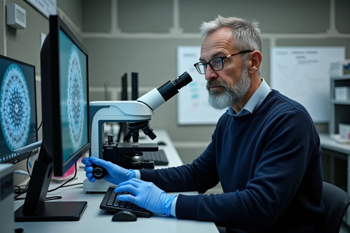 Scientifique masculin utilisant un microscope numérique pour analyser la surface d'une perle de céramique en laboratoire