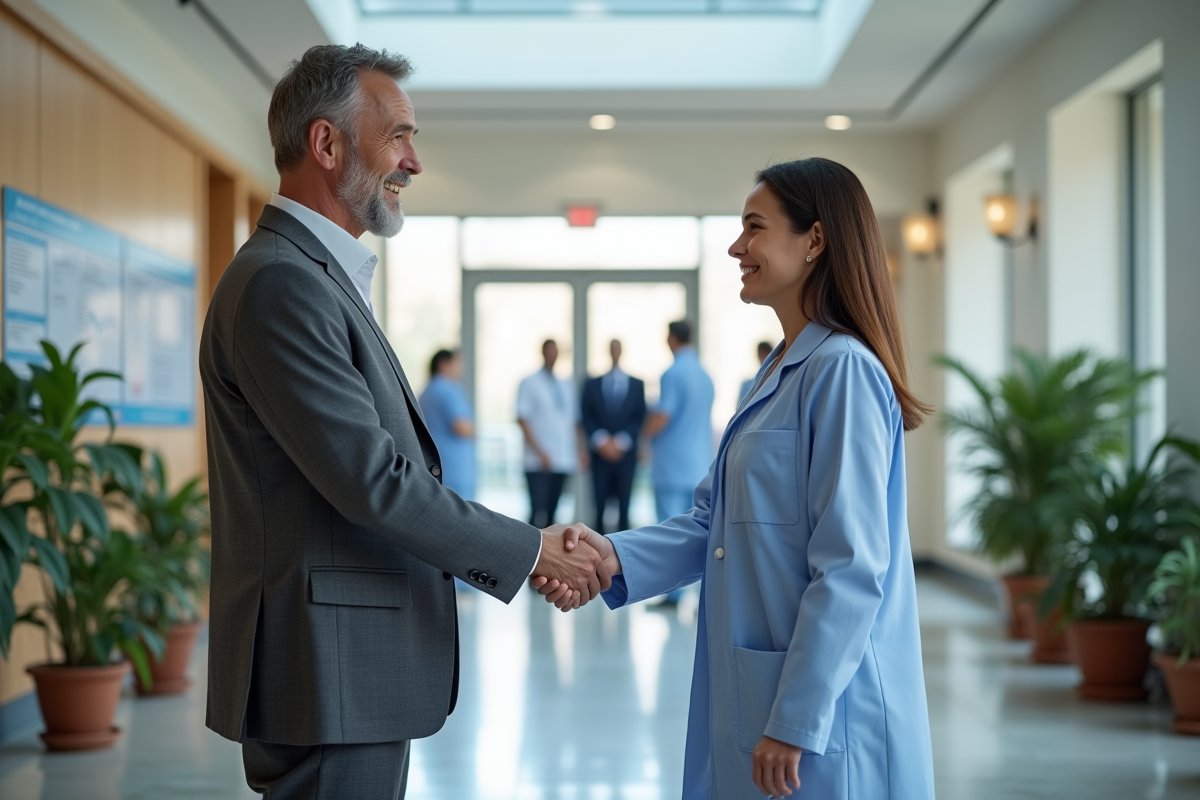 Médecin et administrateur se serrant la main dans un hôpital