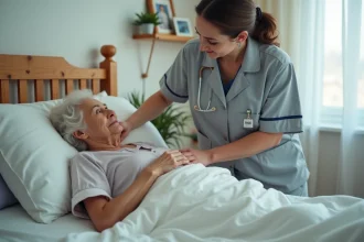 Aide soignante vérifie le dos d'une personne âgée au lit