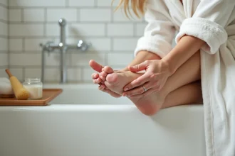 Femme appliquant une crème hydratante sur la corne des pieds au bord d'une baignoire blanche, soin des pieds à domicile