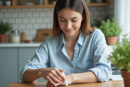 Femme appliquant une pommade sur une petite plaie dans la cuisine