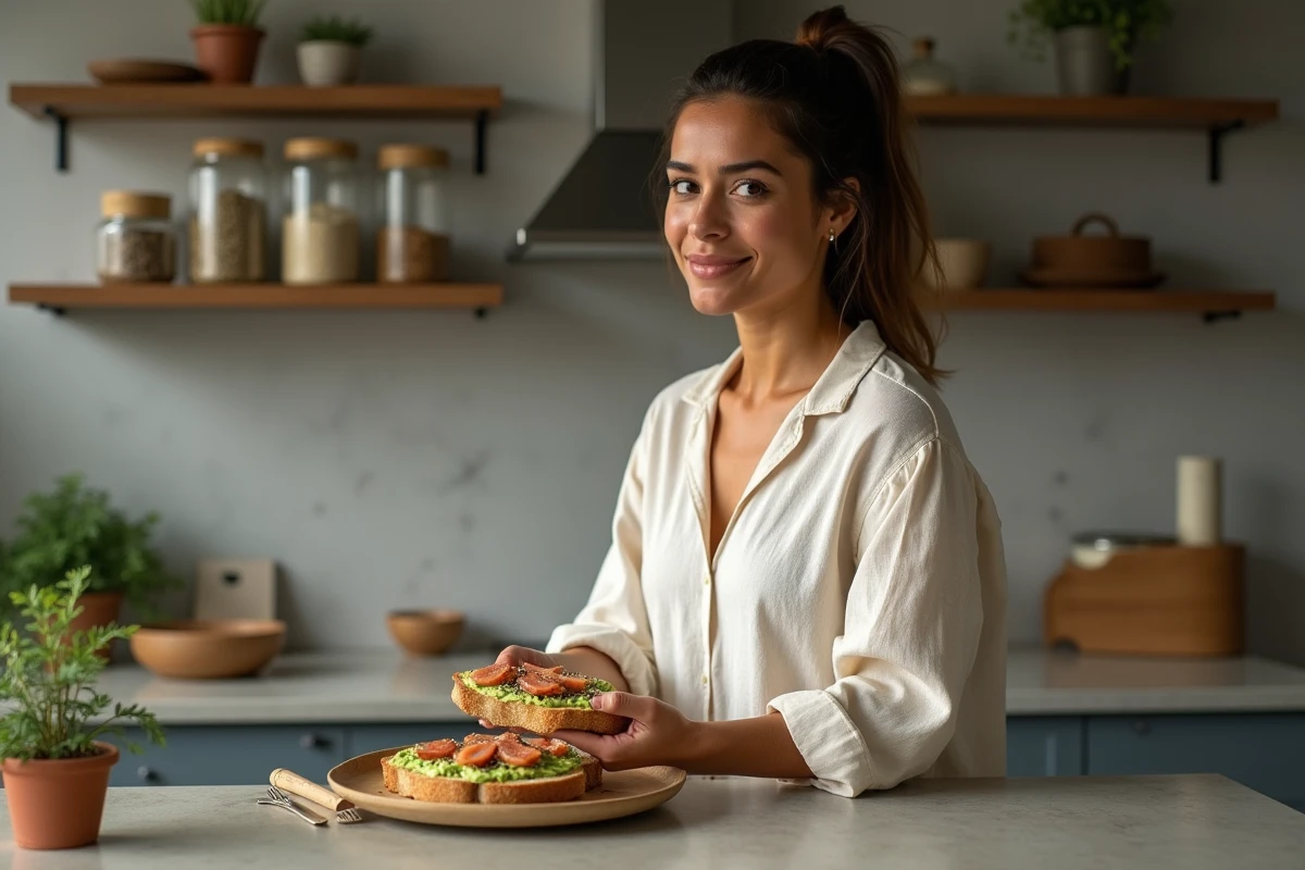 Femme préparant une tartine complète aux sardines et graines de chanvre pour un petit-déjeuner riche en oméga 3