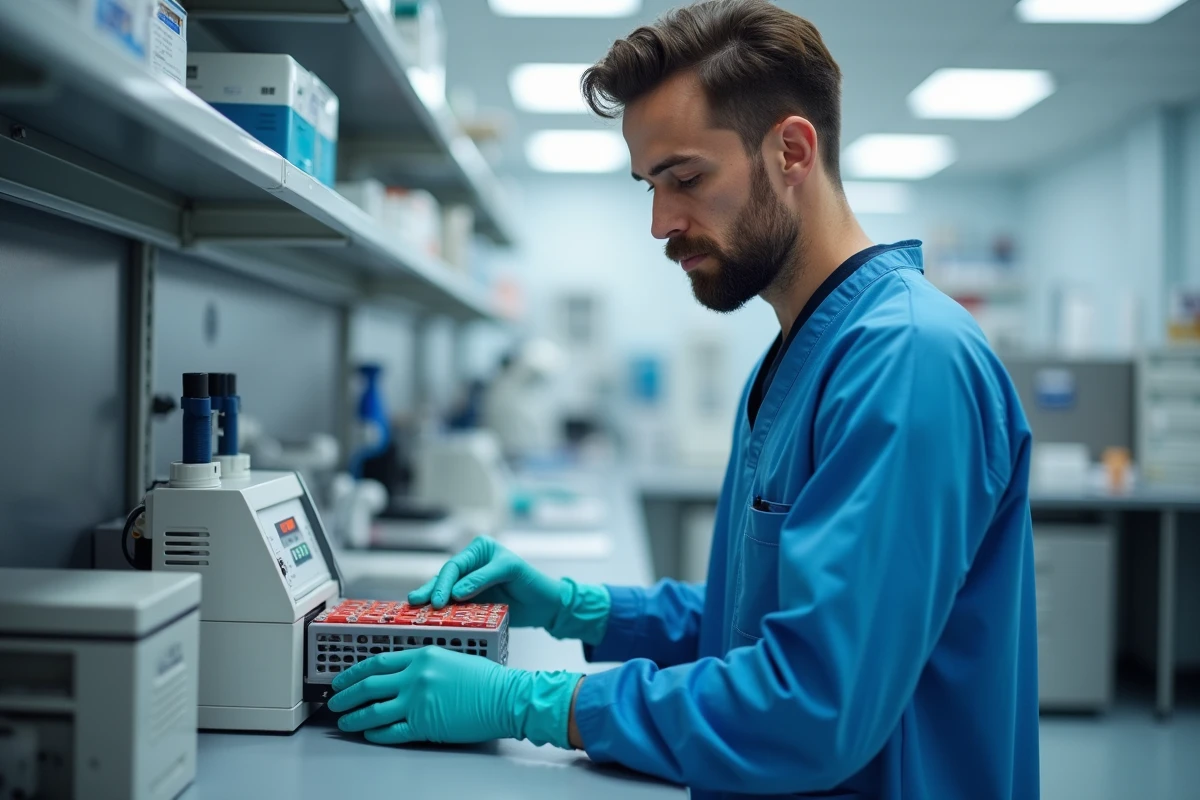 Technicien de laboratoire médical analysant des échantillons de sang pour mesurer les enzymes hépatiques comme la SGOT