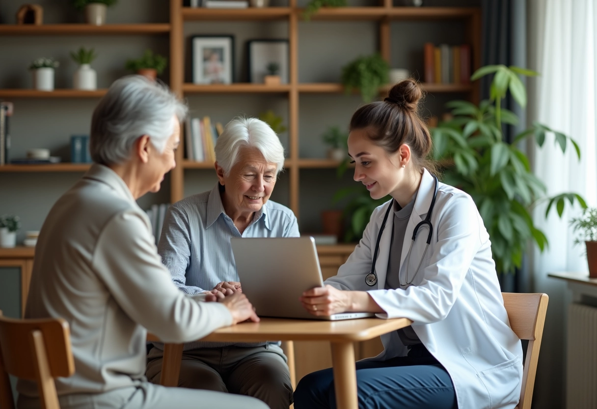 Docteur femme et patient agee lors d une teleconsultation a domicile