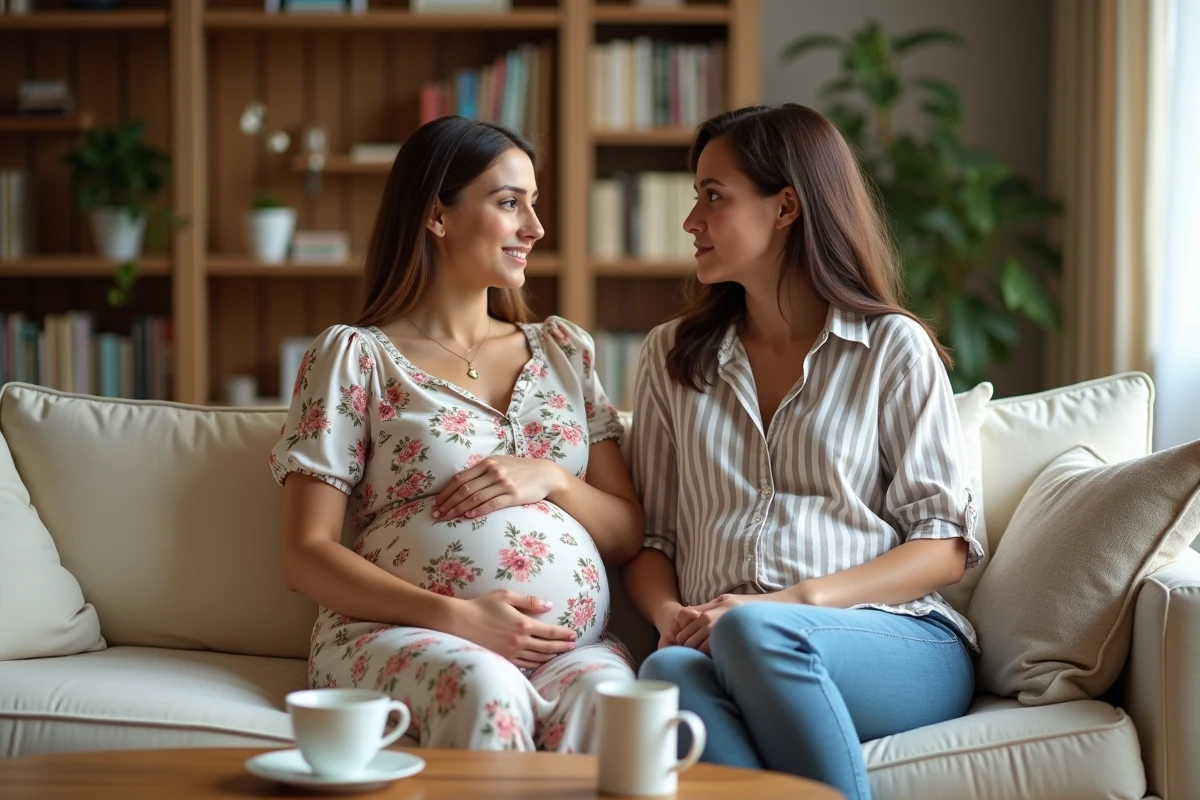 Deux amies assises dans un salon, l'une enceinte en robe maternité, partageant un moment de confidence et de soutien mutuel