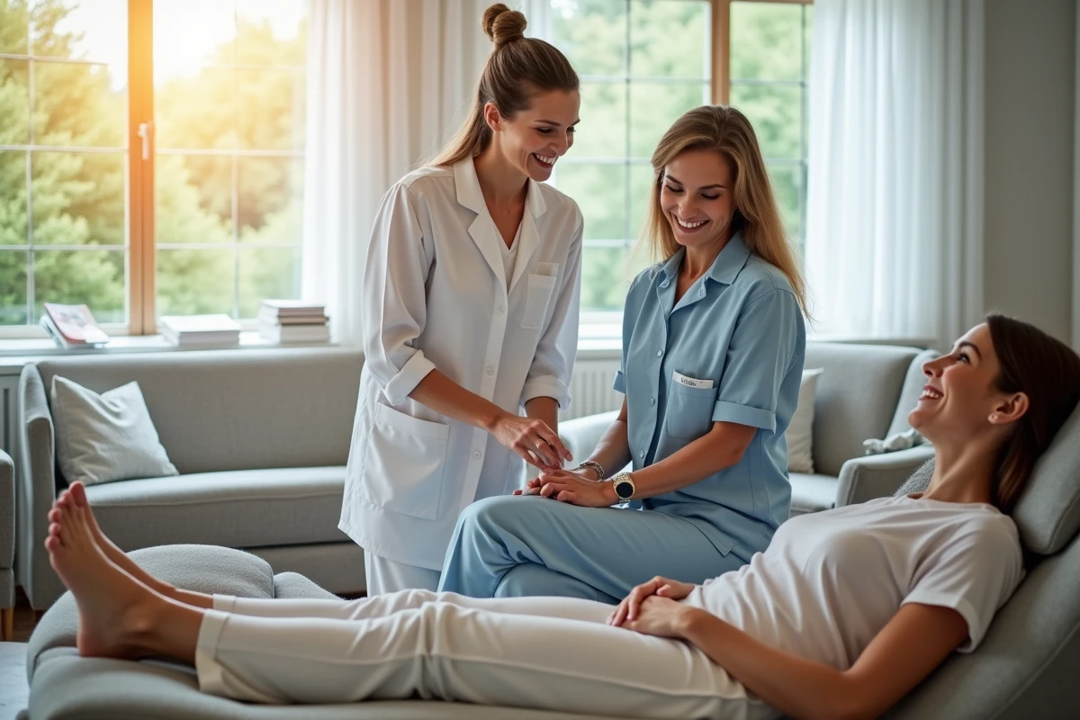 Therapeute montrant un appareil de pressotherapie à une cliente