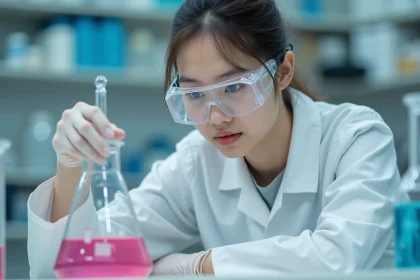 Étudiante en chimie réalisant un titrage acido-basique avec une burette et un erlenmeyer en laboratoire universitaire
