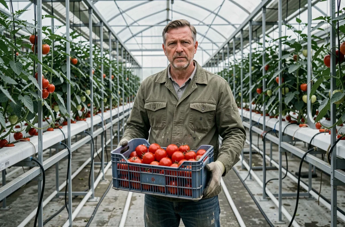Ouvrier agricole tenant une caisse de tomates industrielles dans une serre commerciale, contraste avec les tomates cultivées naturellement