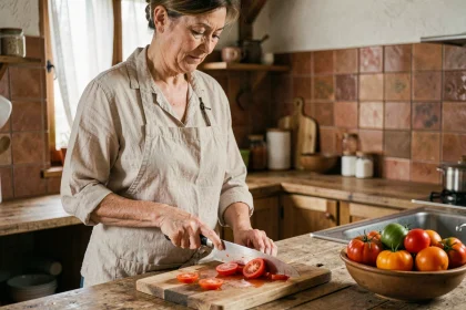Femme découpant des tomates du jardin dans une cuisine rustique, illustrant les bienfaits des tomates fraîches sur la santé digestive