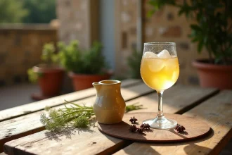 Verre de pastis Ricard avec glaçons et anis étoilé sur une table en bois de bistro provençal