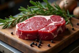 Morceau de viande rouge maigre crue sur un billot de boucher en bois, entouré de romarin frais, idéal pour la musculation et l'apport en protéines