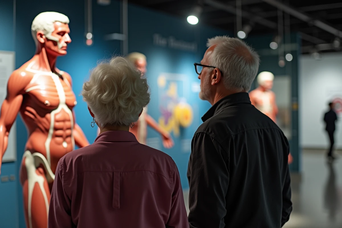 Personnes observant un modele anatomique au musee scientifique