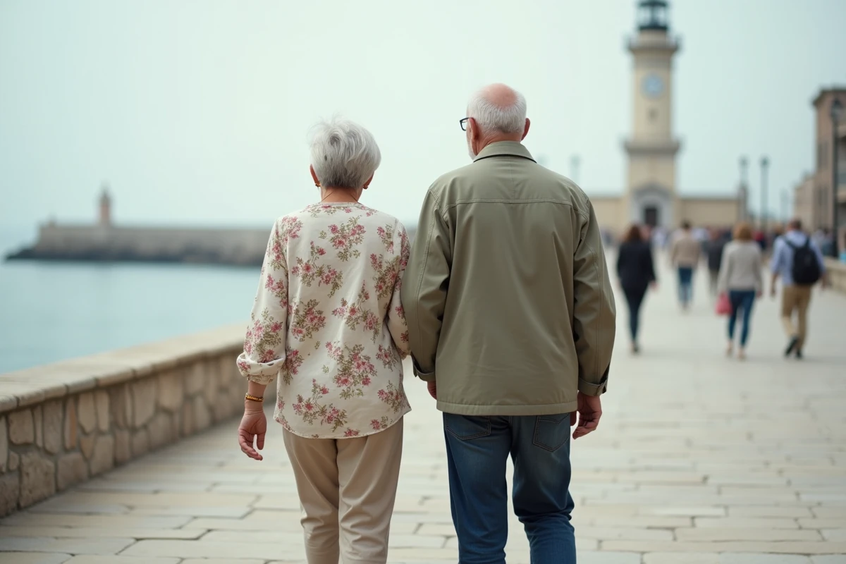 Couple de personnes âgées marchant tranquillement sur une promenade en bord de mer, représentant la vitesse de marche normale chez les seniors