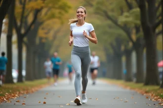 Femme d'une quarantaine d'années marchant à vive allure sur un chemin urbain, illustrant la vitesse de marche normale en km/h