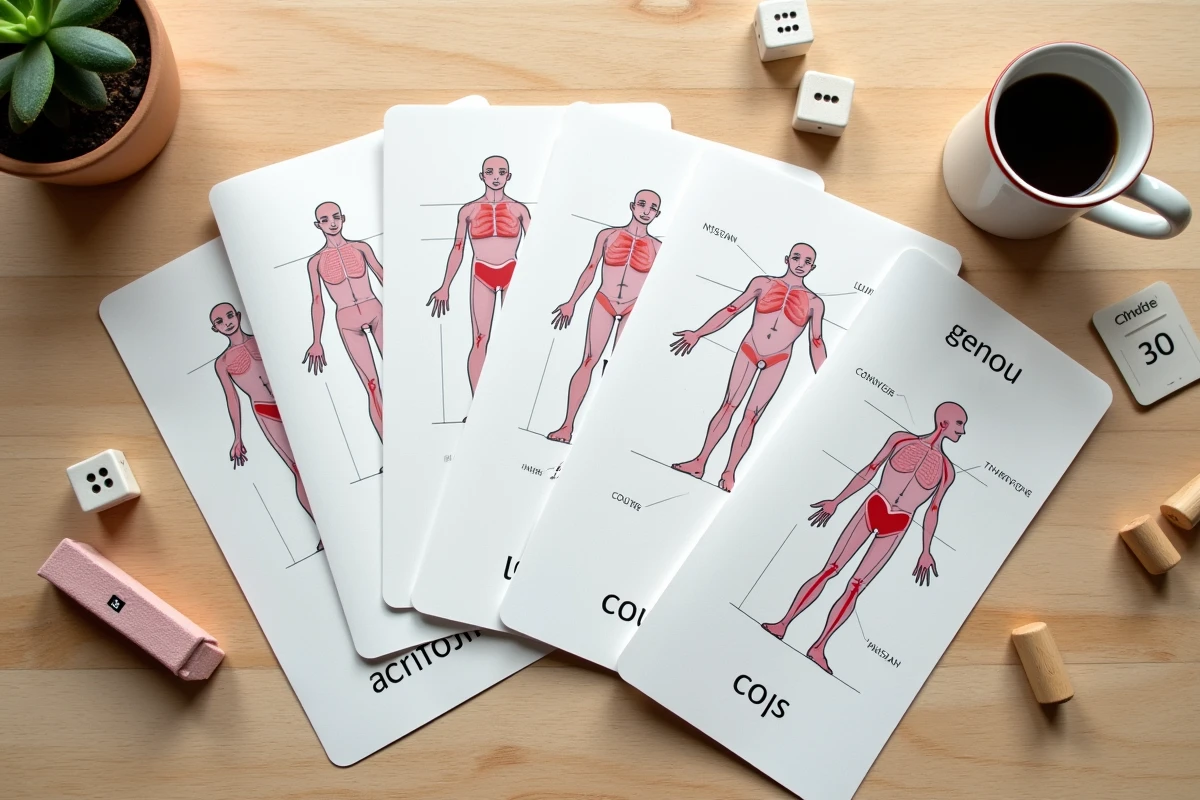 Vue aérienne d'un jeu de société avec des cartes illustrées de parties du corps en K comme genou coude et cou disposées sur une table en bois
