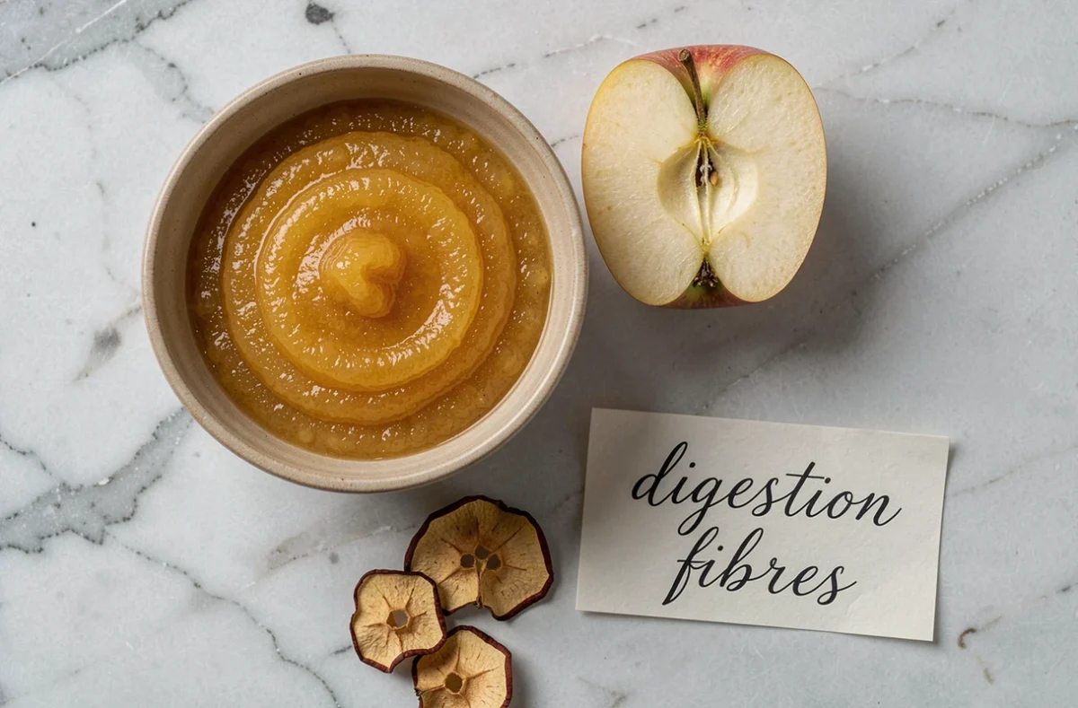 Vue du dessus d'un bol de compote de pomme sur marbre avec pomme coupée et note sur la digestion