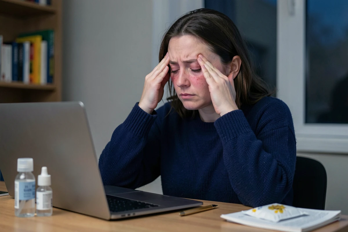 Femme fatiguée devant un écran d'ordinateur se frottant les yeux avec des remèdes naturels posés sur le bureau